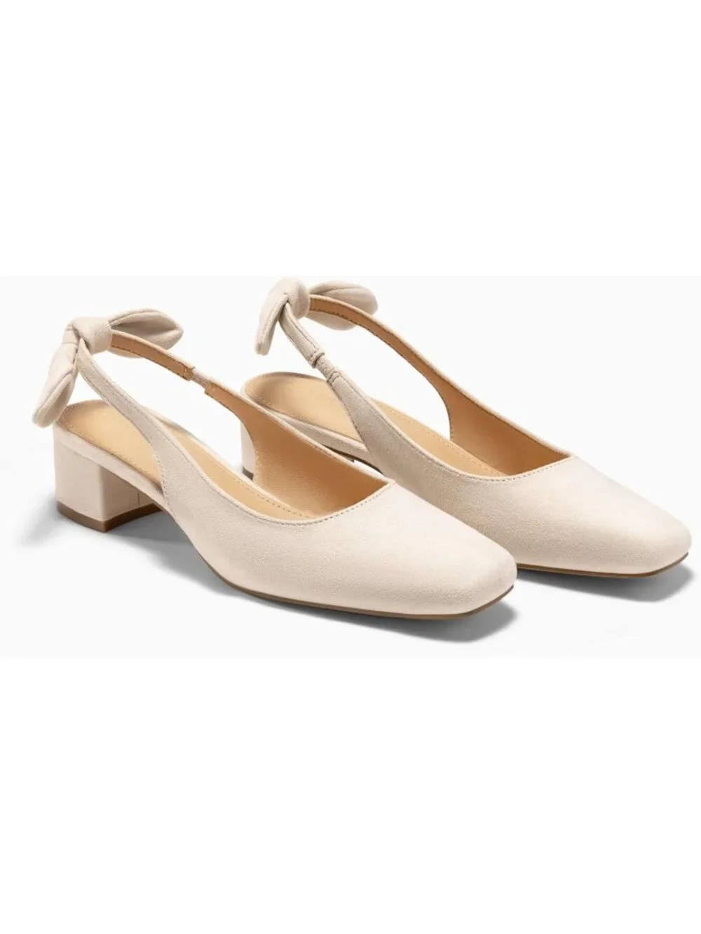 Women's Nude Faux Suede Chunky Low Heels Bow Slingback Closed Square Toe Pumps